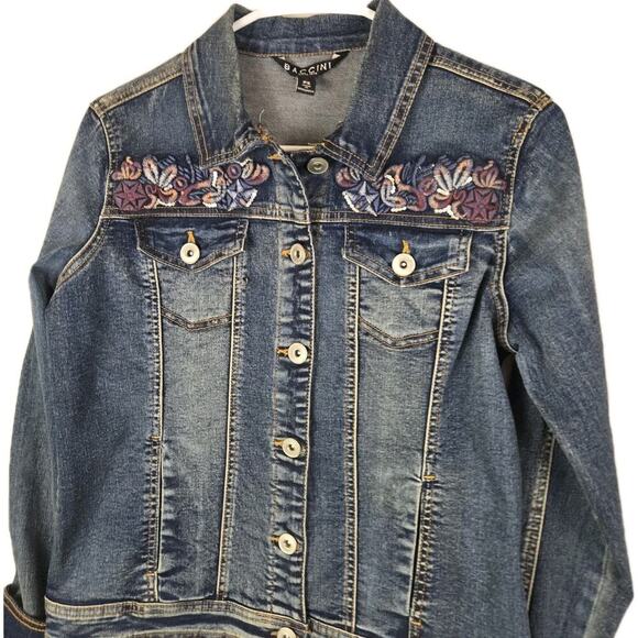Baccini Jackets & Blazers - BACCINI Women’s Denim Jean Jacket Pockets Buttons Embroidered PS Boho Hippie Flo